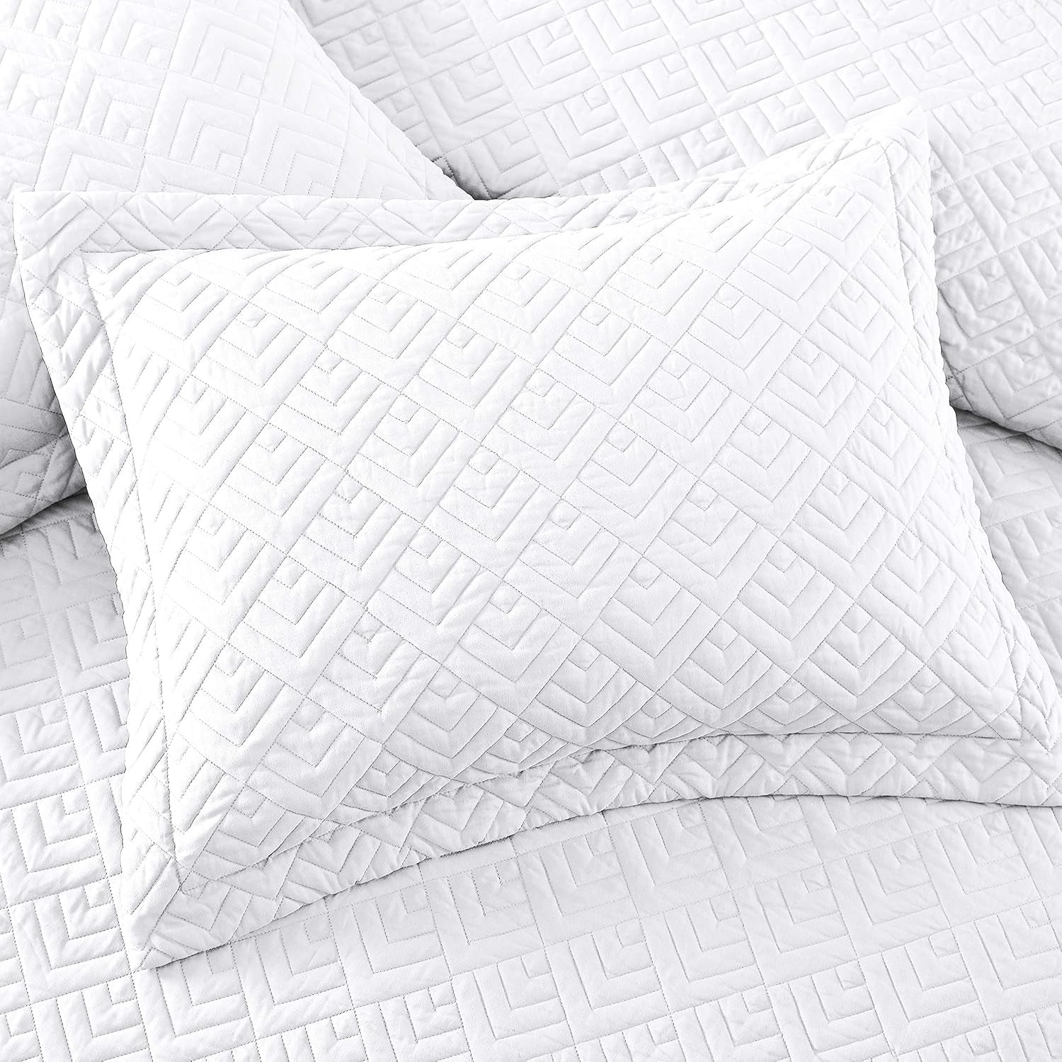 Quilt Set Full/Queen Size White 3 Piece,Lightweight Soft Coverlet Squares Pattern Bedspread Set for All Seasons(1 Quilt,2 Pillow Shams)