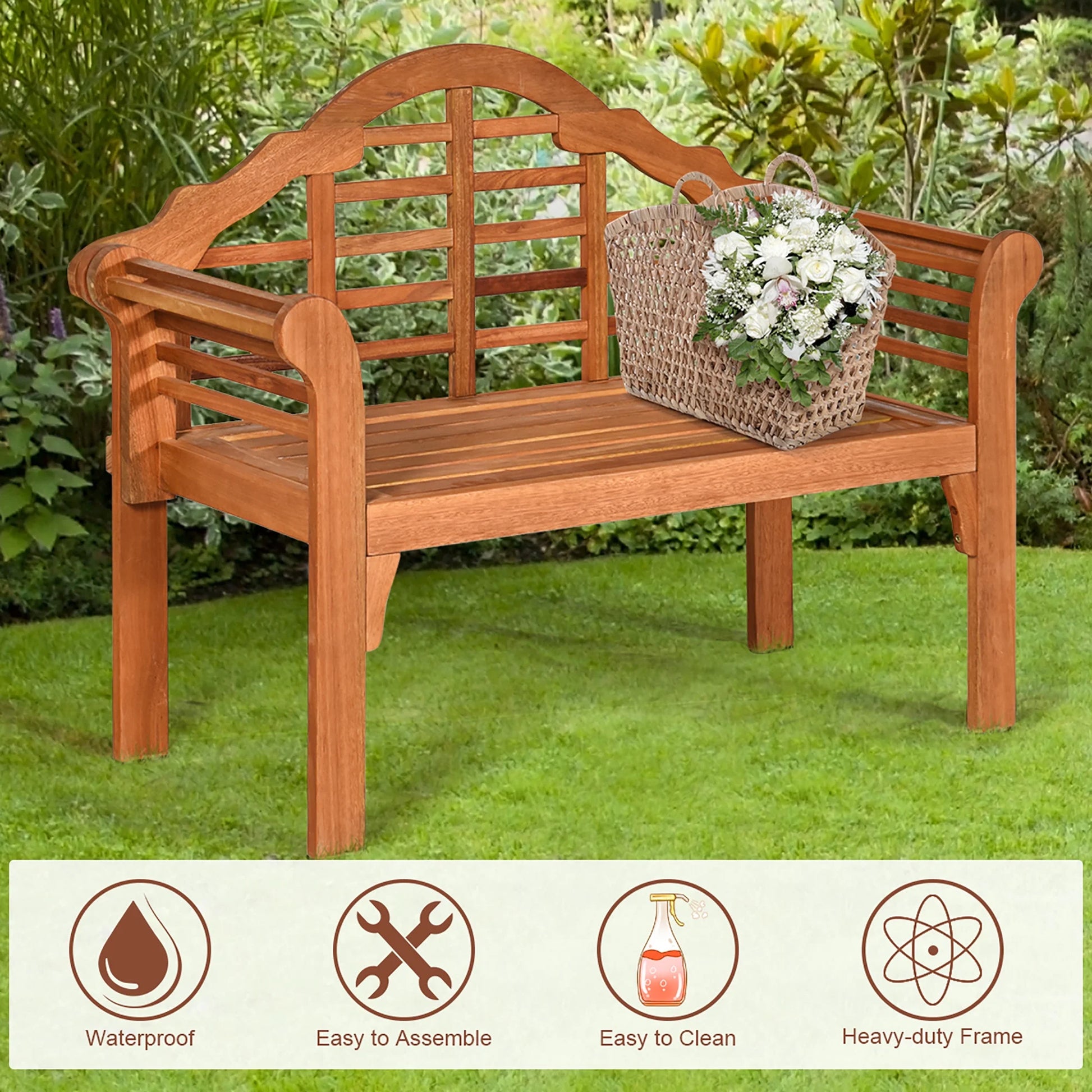 49'' Outdoor Folding Bench Eucalyptus Wood Backrest Armrest Patio Garden