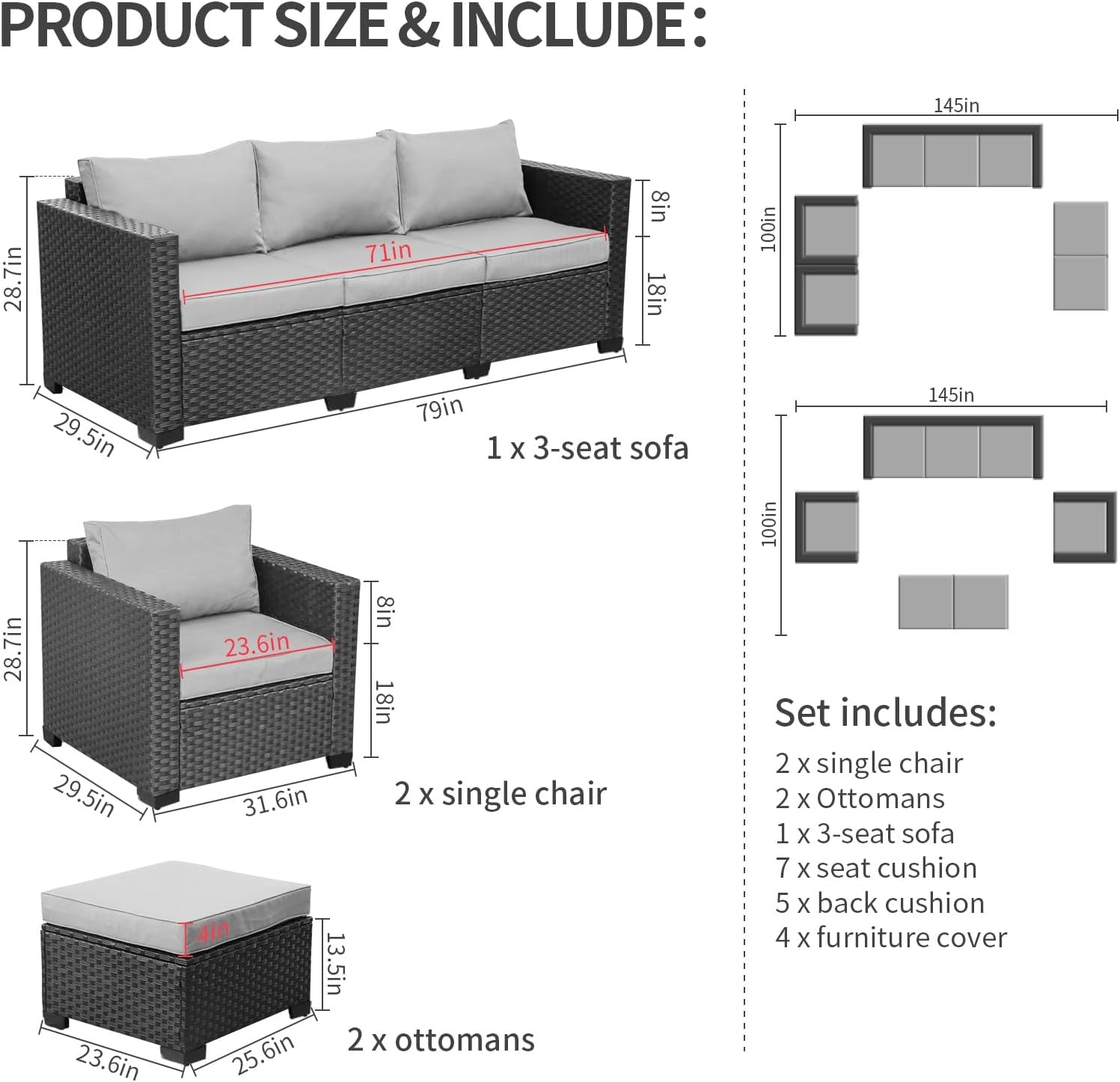 Outdoor Wicker Furniture Couch Set 5 Pieces Patio Furniture Sectional Sofa with Grey No-Slip Cushions and Waterproof Covers