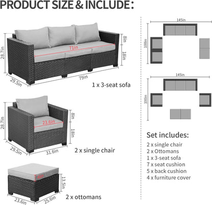 Outdoor Wicker Furniture Couch Set 5 Pieces Patio Furniture Sectional Sofa with Grey No-Slip Cushions and Waterproof Covers