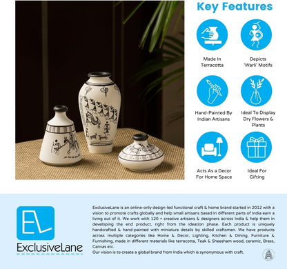 'Warli White Matkis' Terracotta Vase | round Handpainted Vase for Living Room | Unique Flower Vase Centerpieces | Home Decorative Accent | Ideal Gift for Occasions | White, Set of 3