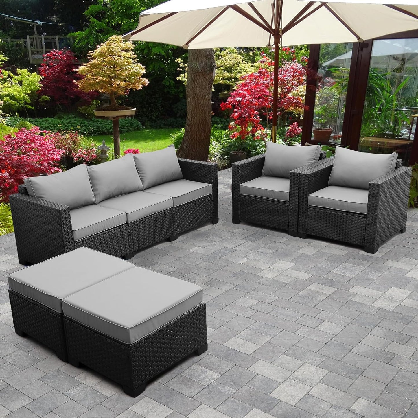 Outdoor Wicker Furniture Couch Set 5 Pieces Patio Furniture Sectional Sofa with Grey No-Slip Cushions and Waterproof Covers