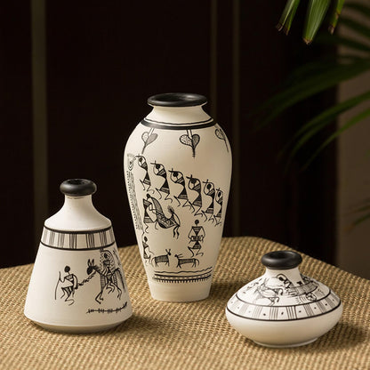 'Warli White Matkis' Terracotta Vase | round Handpainted Vase for Living Room | Unique Flower Vase Centerpieces | Home Decorative Accent | Ideal Gift for Occasions | White, Set of 3