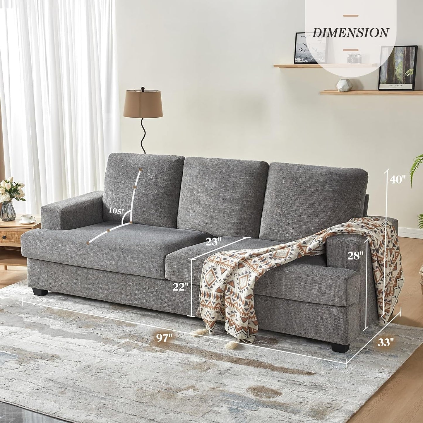 Sofa, Deep Seat Sofa-Chenille Sofa Couch, 3 Seater Sofa for Living Room-Oversized Sofa